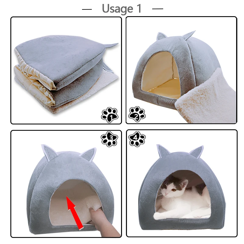 2in1 Cat Bed Cave Indoor Foldable Warm Kitten House Small Dog Nest Kennel Pet Sleeping Mats
