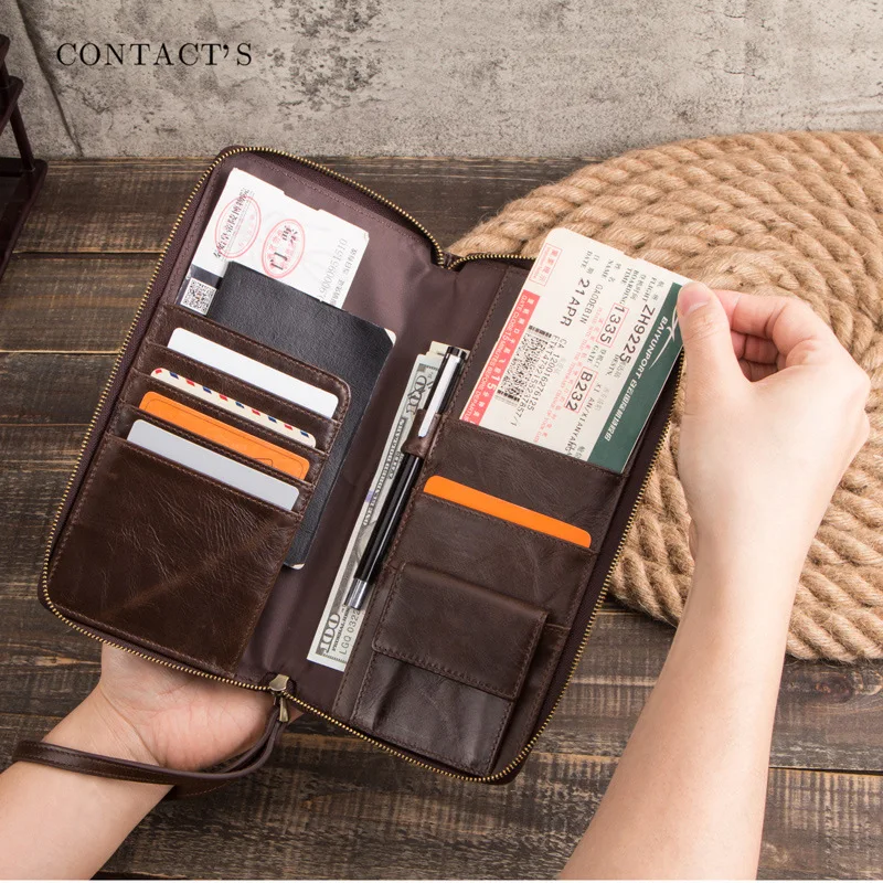 Men's Slim Long Wallet Genuine Leather Phone Bag Purse Card Holder Money Bag Men Small Coin Case Travel Zipper Pouch Wrist Band