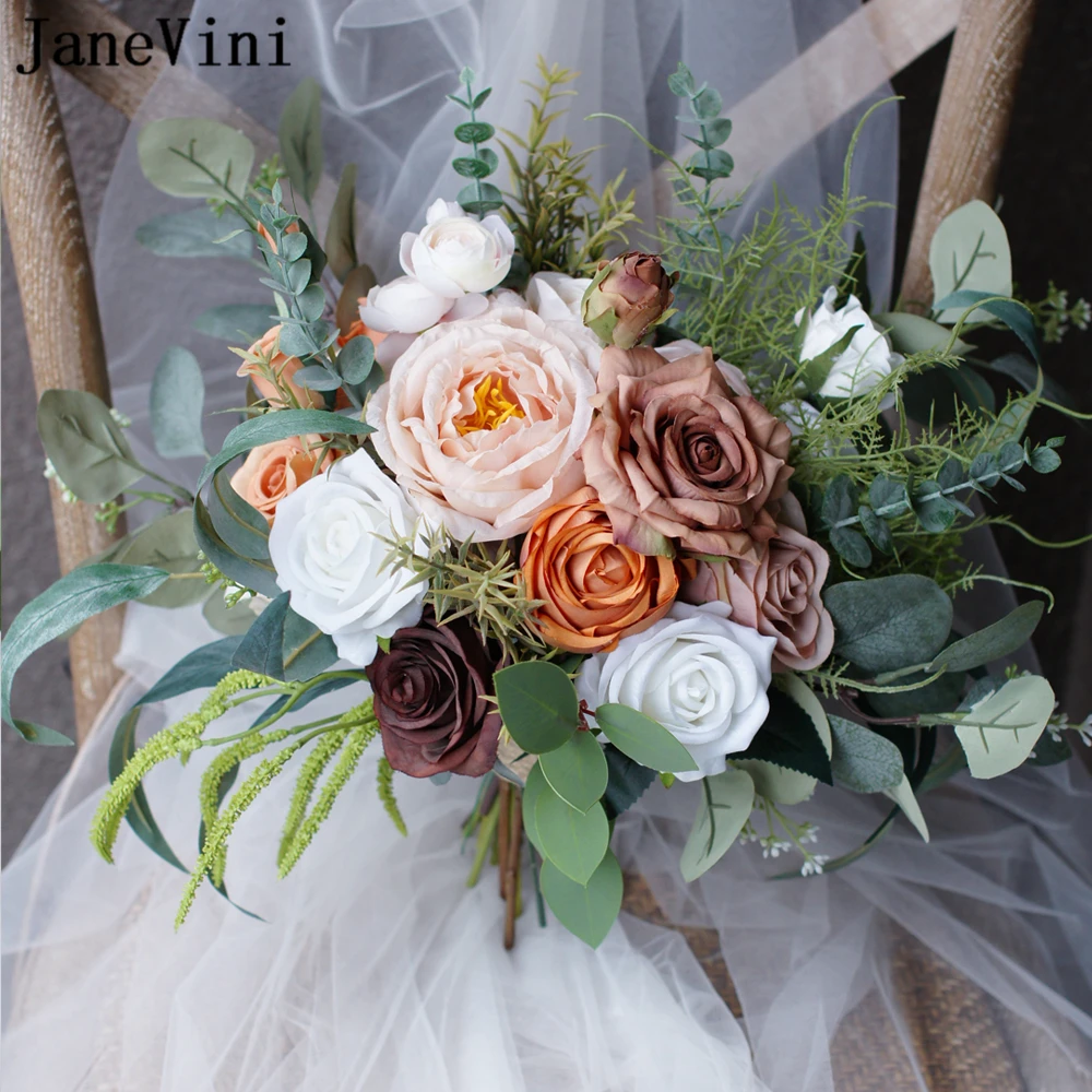 JaneVini Vintage European Style Coffee Bridal Silk Bouquet Brides Holding Flowers Real touch Artificial Wedding Decoration 2021