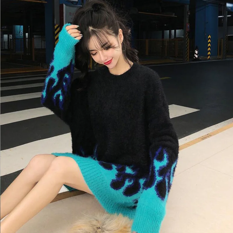 Autumn and winter fashion flame pattern loose long sleeve sweater women 2020 Dropshipping
