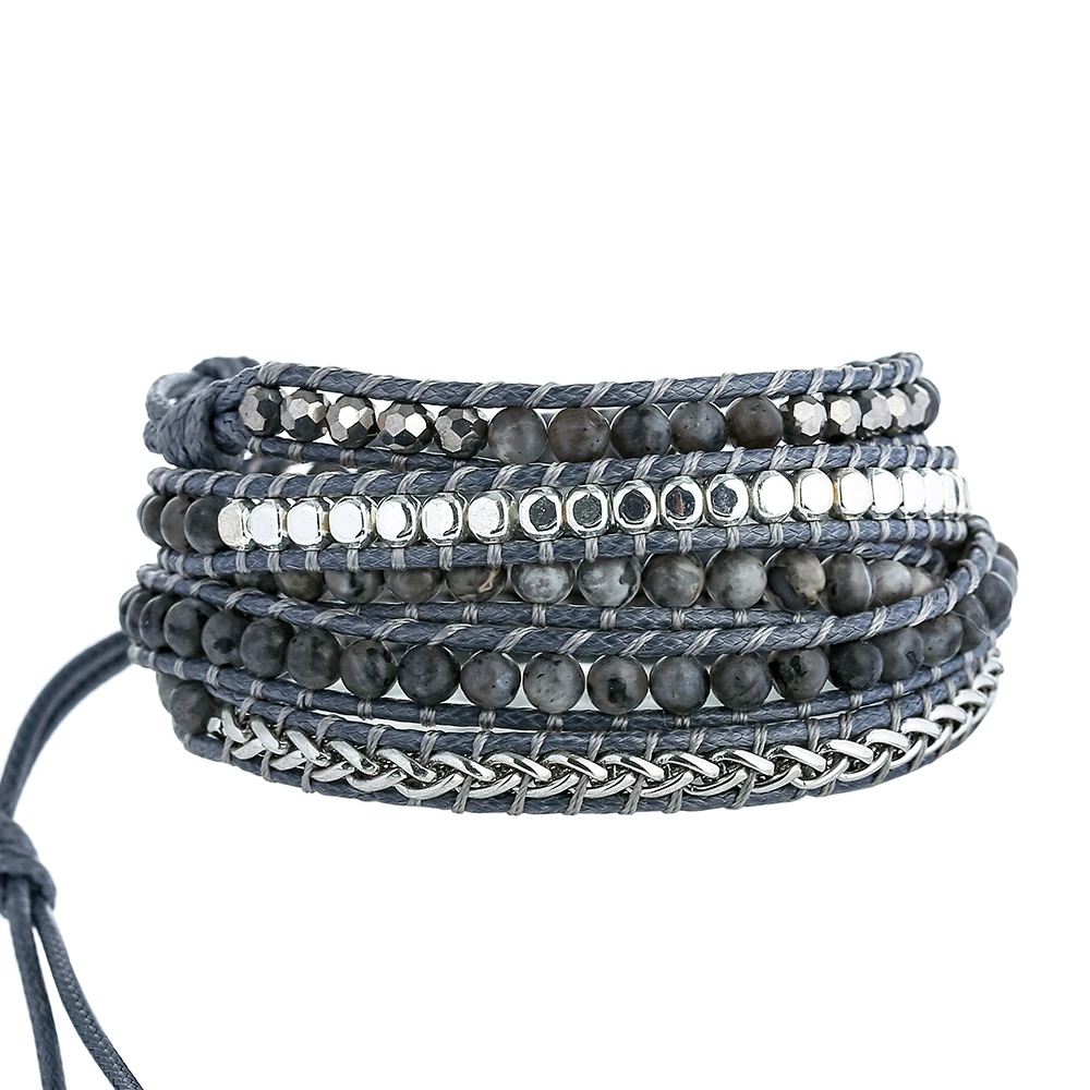Natural Labradorite Wrap Bracelet - Handmade Grey Wax Rope  Stainless Steel Adjustable Boho Jewelry