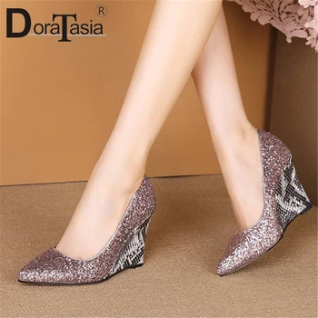 

DORATASIA Office Ladies Fashion Pointed Toe Glitters Pumps Ol High Wedges Pumps Women Comfy Real Leather Insole Shoes Woman