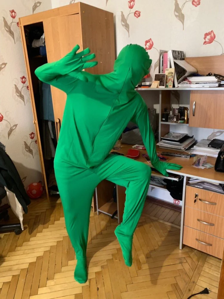 Продажа Костюм кожи Невидимый эффект эластичный корпус Зеленый Экран костюм фото взрослых плотная одежда из комфортного материала видео