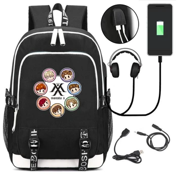 

Kpop Monsta X Men's USB Backpack School bag for teenagers Casual Laptop Bags With USB Charging cable and earphone cable