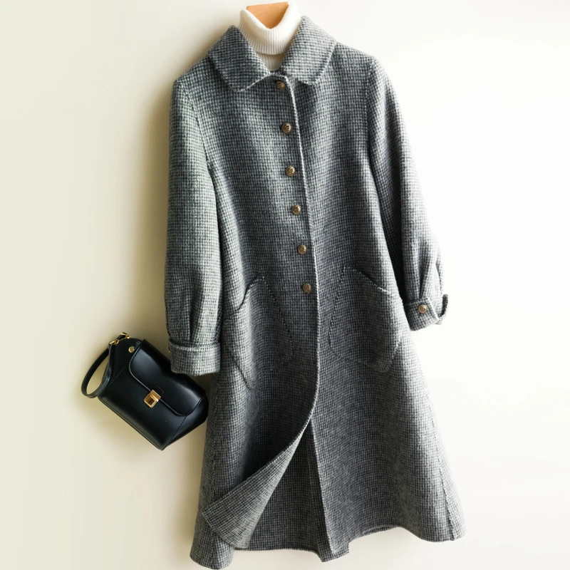 

2020 New Double-faced Wool Coat Female Long Plaid Woolen Coats 100% Wool Jacket Autumn Winter Jackets for Women knx8678