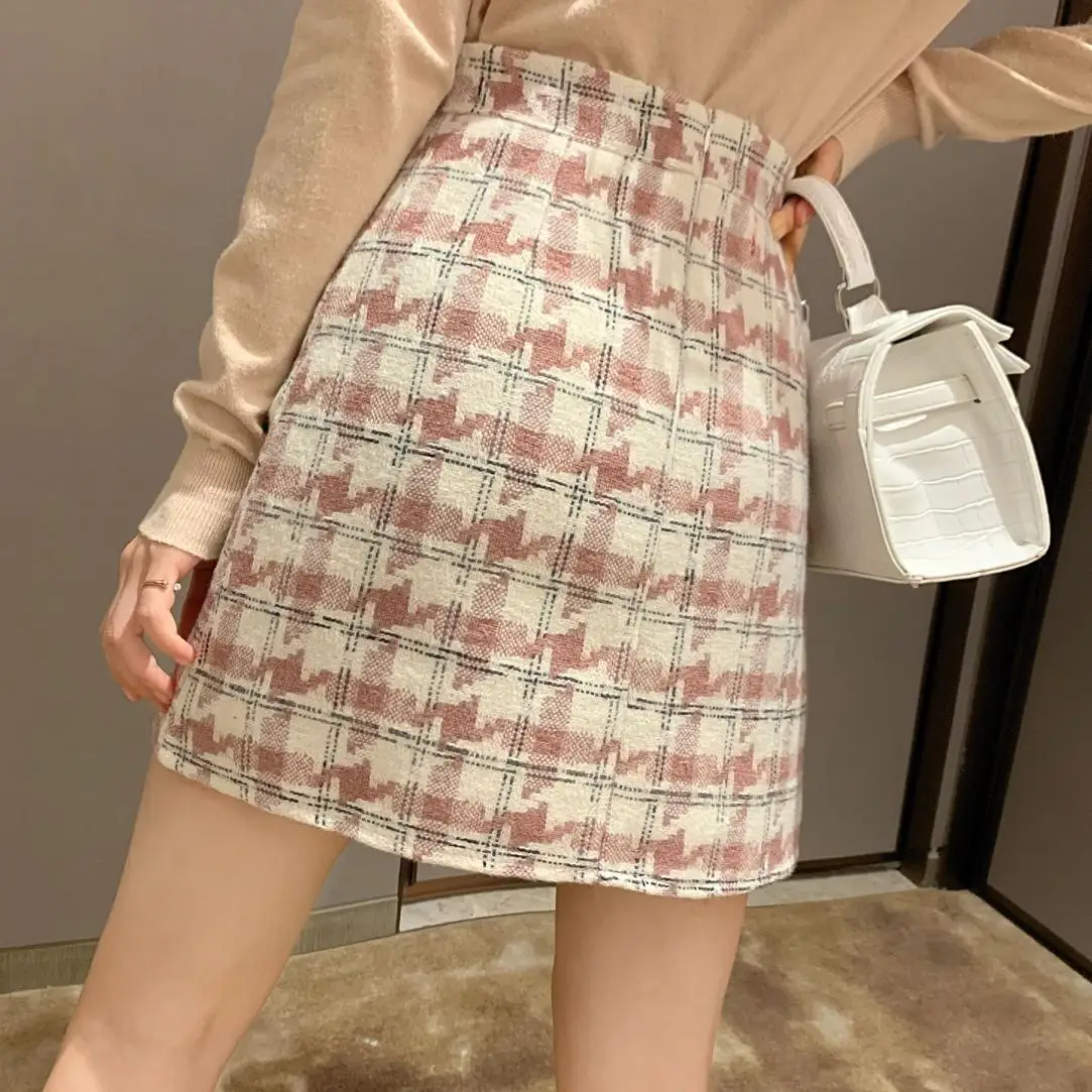 Houndstooth Plaid Skirts Women Vintage Autumn Short Wool Skirts Mini Korean Zipper Pencil Skirts Sexy Zipper High Waist W099