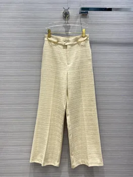 

Luxury Brand Women Wool Blend Long Pants 2020 Autumn Celebrities Look Thin Woven Checkerboard High Waisted Wide Leg Trousers New