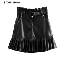 Осень, плиссированные юбки из искусственной кожи с деревянными ушками и высокой талией, Женская винтажная посылка, короткие черные мини юбки с трапециевидным подолом