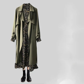 

Trench Coat Fashion Women Long Trench Coat Windbreaker Drawstring Autumn Vintage Belt Casual Trench Outwear Casual Coat