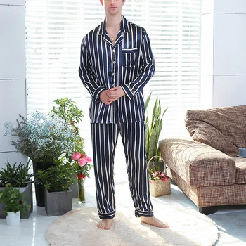 

2020 New Arrival Men Sleepwear Tops Pants Suits Stripe Long Sleeve Lapel Pocket Thin Casual Button Comfortable