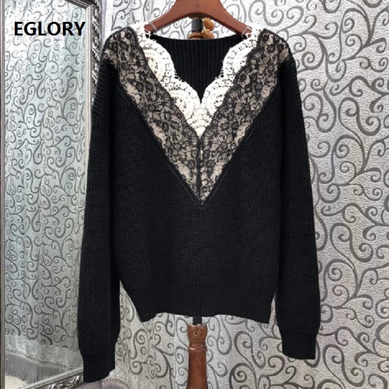 

High Quality Wool Sweaters 2020 Autumn Winter Tops Women V-Neck Color Block Lace Embroidery Patchwork Casual Black Knitted Tops