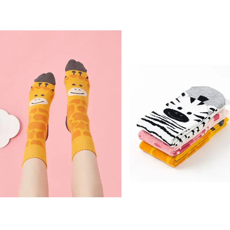 3 пары женских забавных хлопковых прямых носков с рисунком жирафа, зебры, поросенка, животных, студенческие чулочно-носочные изделия средней длины, подарки