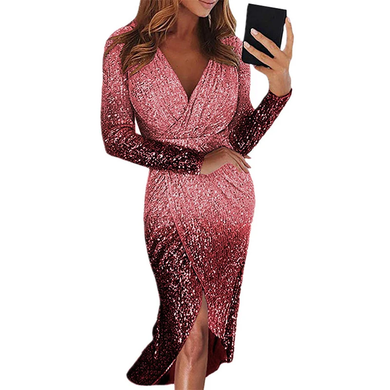 Расшитое блестками градиентное Сексуальное Женское Платье с v-образным вырезом и длинным рукавом, тонкое банкетное платье Vestidos, элегантное блестящее вечернее платье SJ5087M - Цвет: Красный