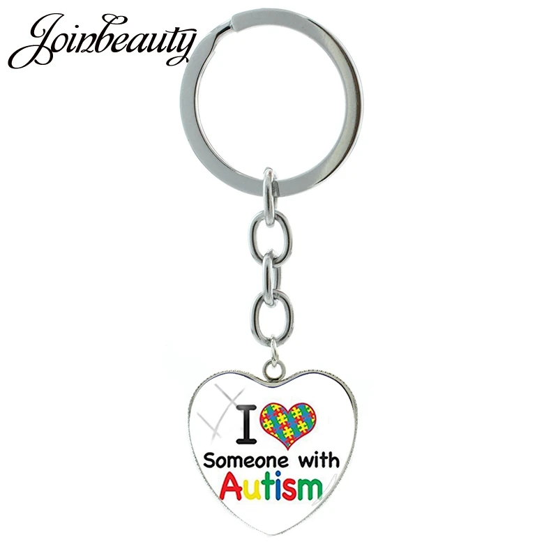 

JOINBEAUTY Colorful Jigsaw Puzzle Heart Keychain Autism Awareness Hope Pendant Jewelry Heart Art Glass keyring holder MA78
