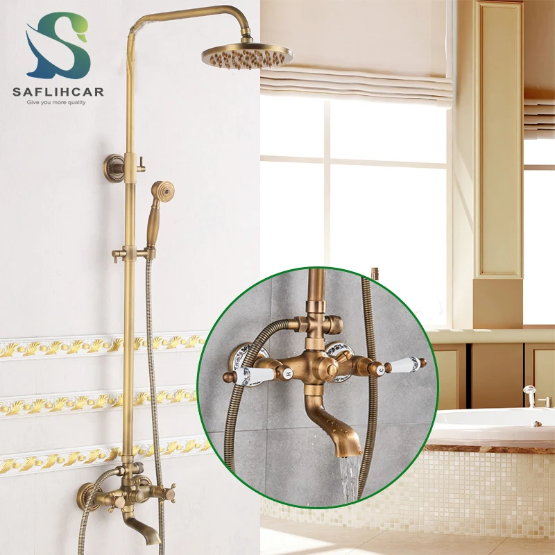 8 "ทองเหลืองโบราณห้องน้ำชุดก๊อกน้ำ Wall Mount Dual Handle Handshower ชั้นวางของร้อนเย็นระบบผสม Rain Shower ระบบ 1