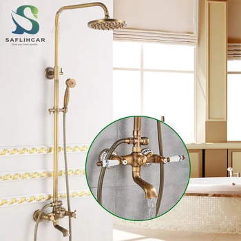 8 "ทองเหลืองโบราณห้องน้ำชุดก๊อกน้ำ Wall Mount Dual Handle Handshower ชั้นวางของร้อนเย็นระบบผสม Rain Shower ระบบ 1