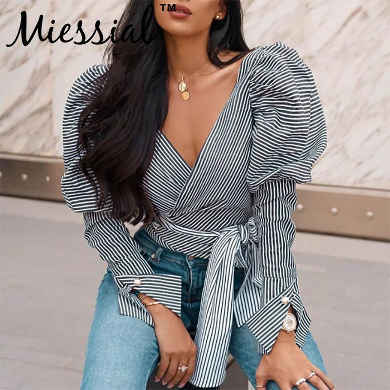 

Miessial Sexy puff sleeve black blouse shirt Women striped belt blouse crop top Autumn femme elegant slim blusas top streetwear