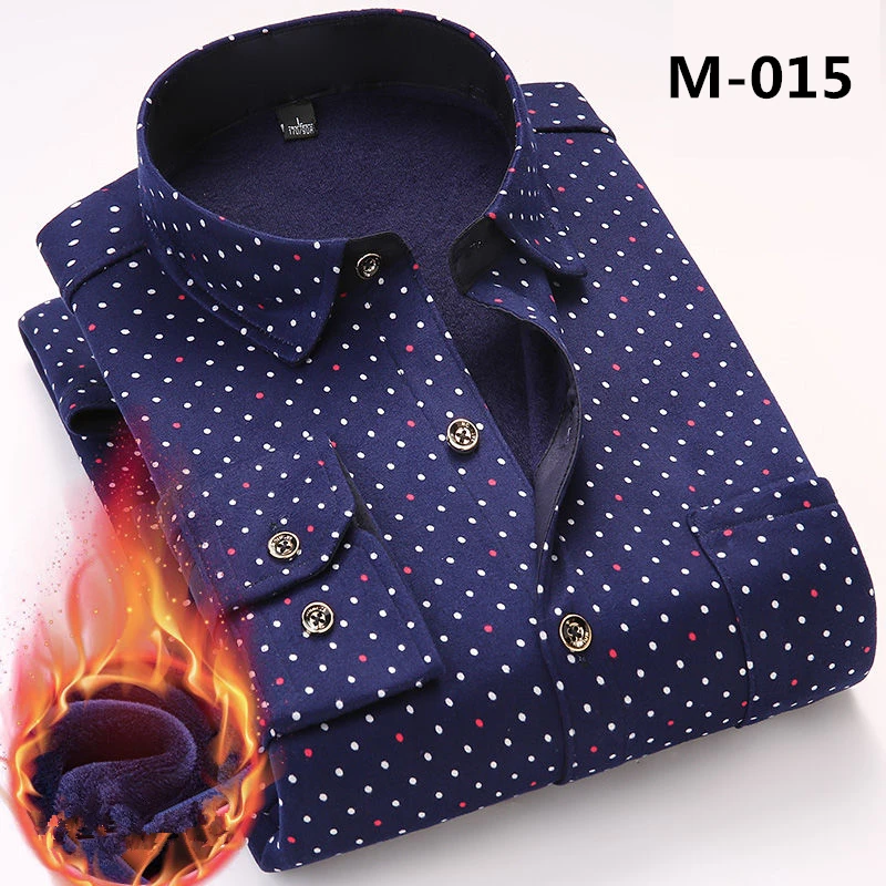 Fashion Men's Print Plaid Warm Thick Velvet Fleece Shirts Winter Long Sleeve Dress Shirt for Men Soft Flannel Camisa Masculina - Цвет: M-015