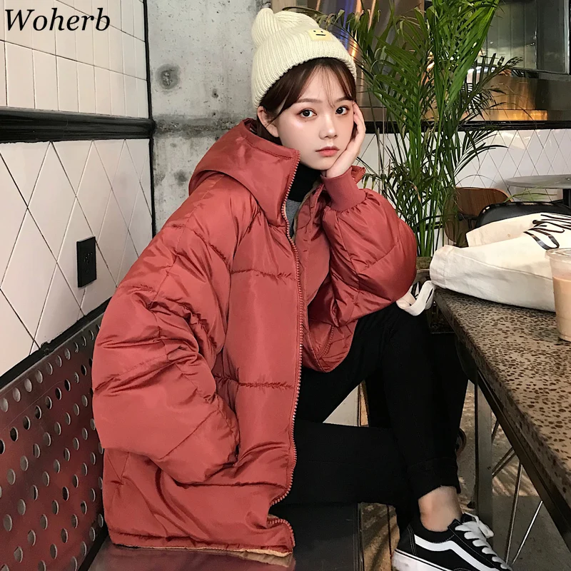 Woherb/зимняя куртка-пуховик для женщин в Корейском стиле Харадзюку, стеганые пальто, большие размеры, стеганые куртки для девочек, повседневная однотонная парка, свободная