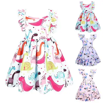 

Summer Floral Dress For Girls 3-7T Baby Girl Cartoon Print Flying Sleeve Costumes Kids Soft Cool Casual Clothes 2020 New Style