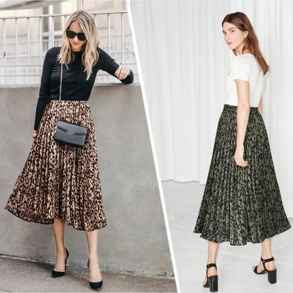 

Long Skirt Fashion Women Chiffon Loose Leopard Printed Skirt Women Evening Party Layered Pleated Skirt Faldas Mujer Moda 2020