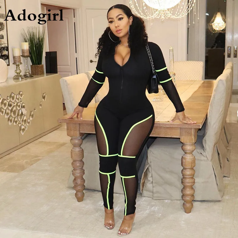 

Adogirl Mesh Patchwork Zipper Up Stripes Splicing Bodycon Jumpsuit Long Sleeve Women Sexy Romper Tracksuit Night Club Overalls
