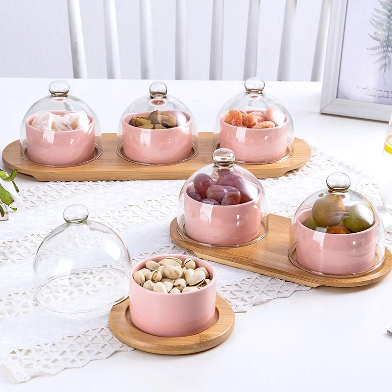Ceramic fruit plate platter dessert table display stand glass cover dried fruit plate snack plate cake baking dessert bowl