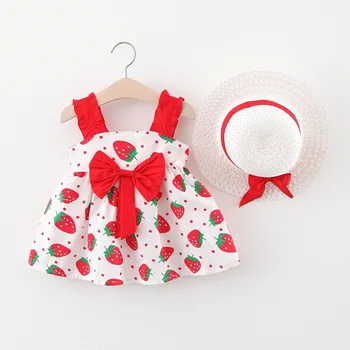 

Cute Little Strawberry Dress Strawberry Bowknot Strap Cotton Dress 2020 Nian Summer Above Knee, Mini Print Sleeveless Regular