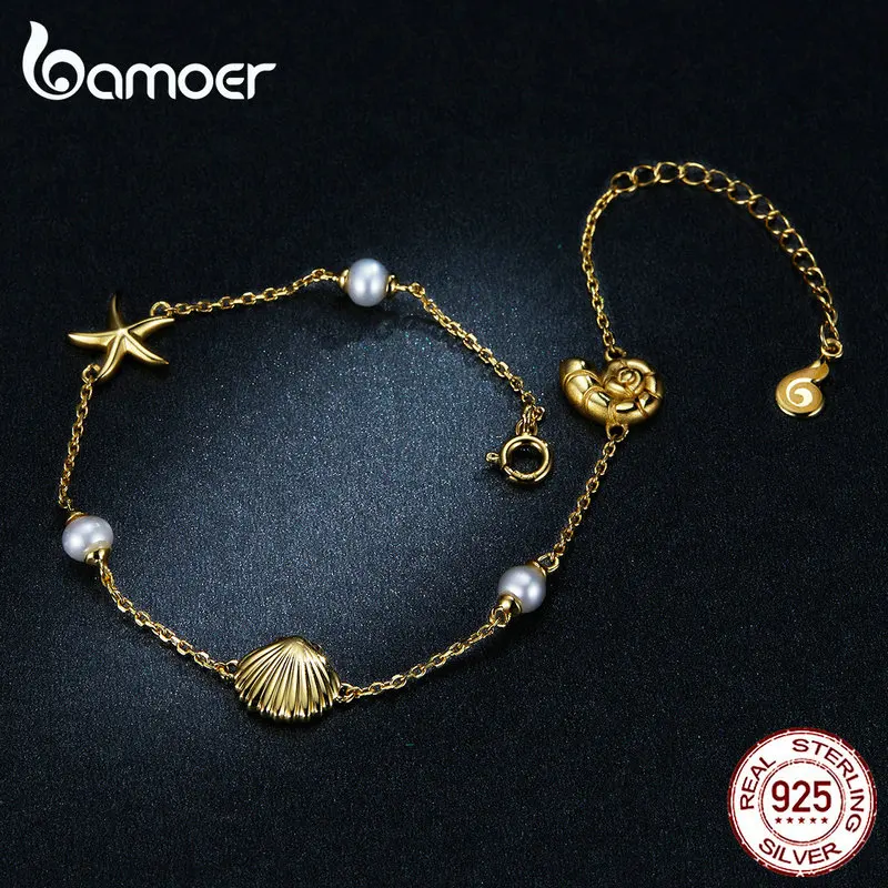 Bamoer летний праздник Морская звезда с жемчугом в виде ракушки цепи браслет для женщин золото Цвет 925 пробы серебро модные ювелирные изделия BSB025