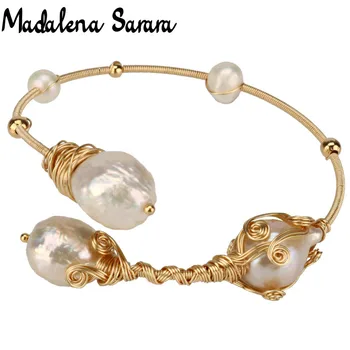 

MADALENA SARARA Genuine Freshwater Pearl Bracelet Baroque Shape Pearl Handmade Bangle