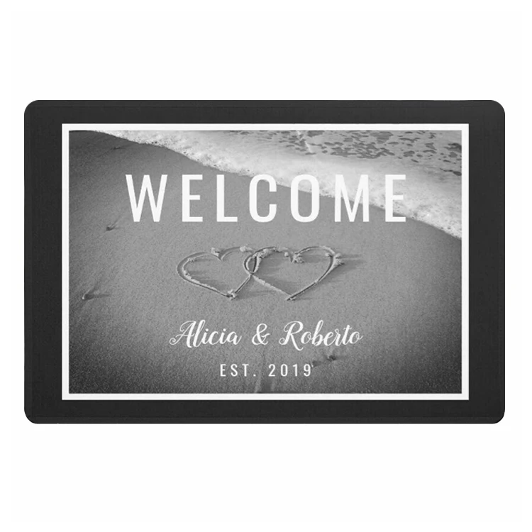 

Stylish Black White Interlocking Hearts Personalised Door Mat for Couple Newlyweds Family Chic Custom Welcome Rubber Rug Doormat