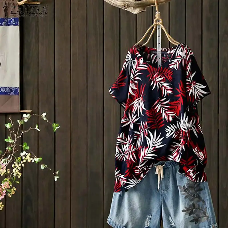 

Blusas Top 2019 ZANZEA Women Bohemian Blouse Summer Casual Short Sleeve Loose Tee Shirts Floral Printed Party Tunic Tops Female