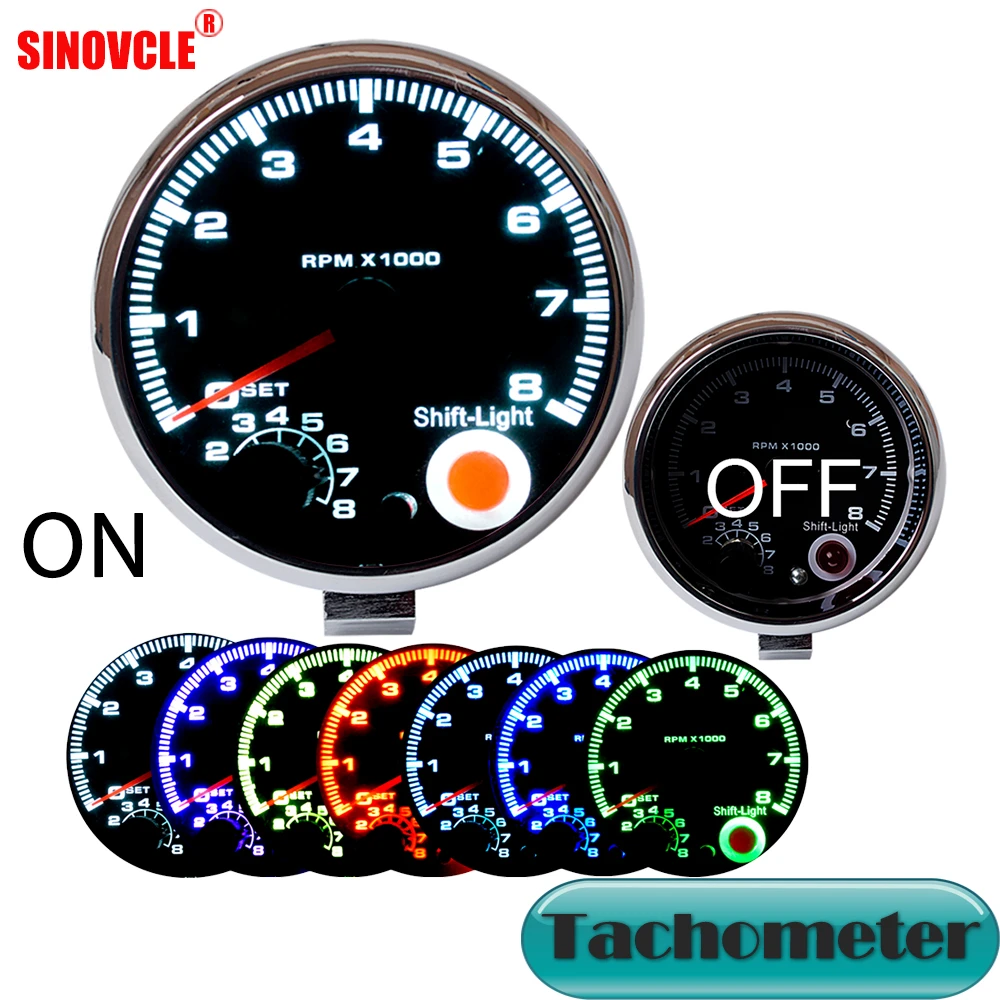 Car 95mm Tachometer Tacho Gauge with Shift Light 0-8000RPM 7 Colors