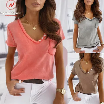 

Fashion Women Summer Solid Color T-Shirts Patchwork Design Pockets Button Decor Short Sleeve V-Neck Slim Pullovers Top