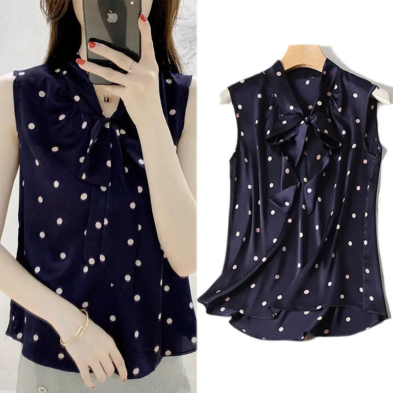 

Spring Summer Women Satin Sling Vest Lady Suit Base shirt Sleeveless Inside Blouses Fashion Bow-Knot Loose Tops Blusas MM0370