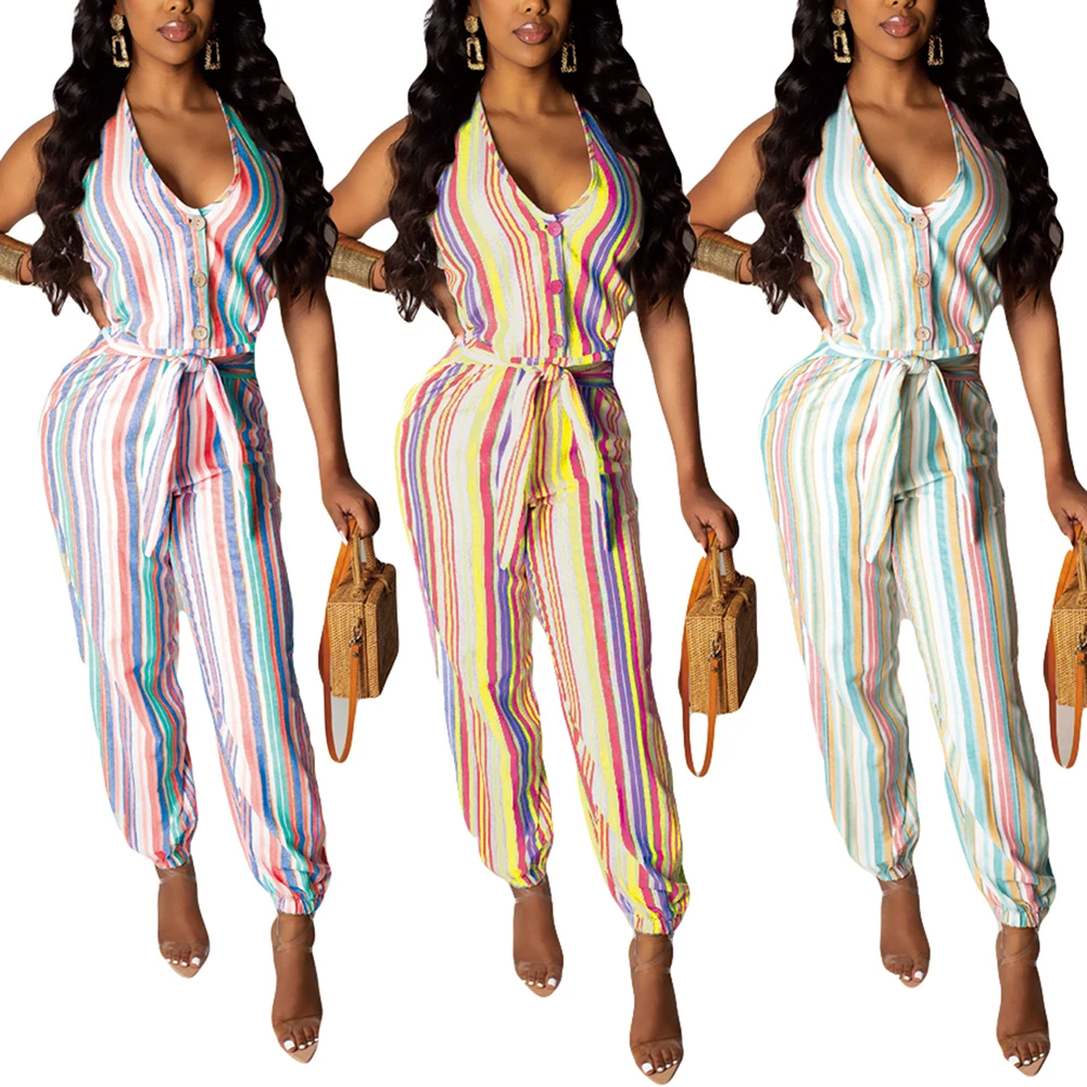 

Fadzeco Women Stripe Print Jumpsuit Sexy Deep V-neck Sleeveless One Piece Romper Playsuit