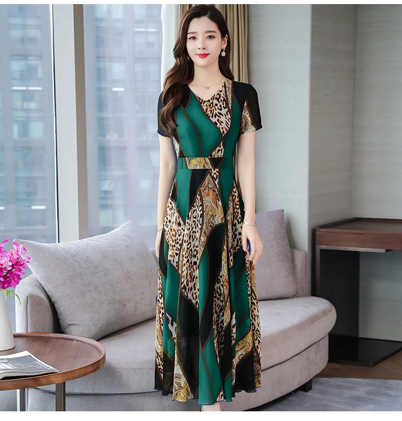 Summer New Arrival Bohemian Style S-3XL V Collar Short Sleeve Flower Printed Woman Chiffon Long Dress AQ226