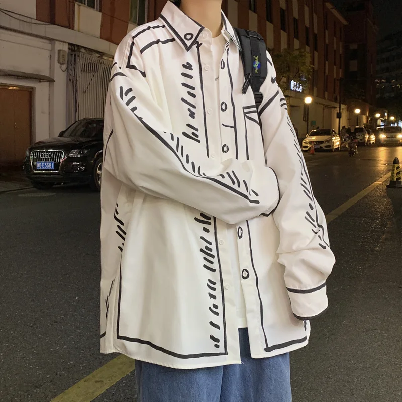 Hand painted graffiti shirt men's design sense of minority advanced sense of leisure Hong Kong style shirt hiphop fried Street mens dress shirt