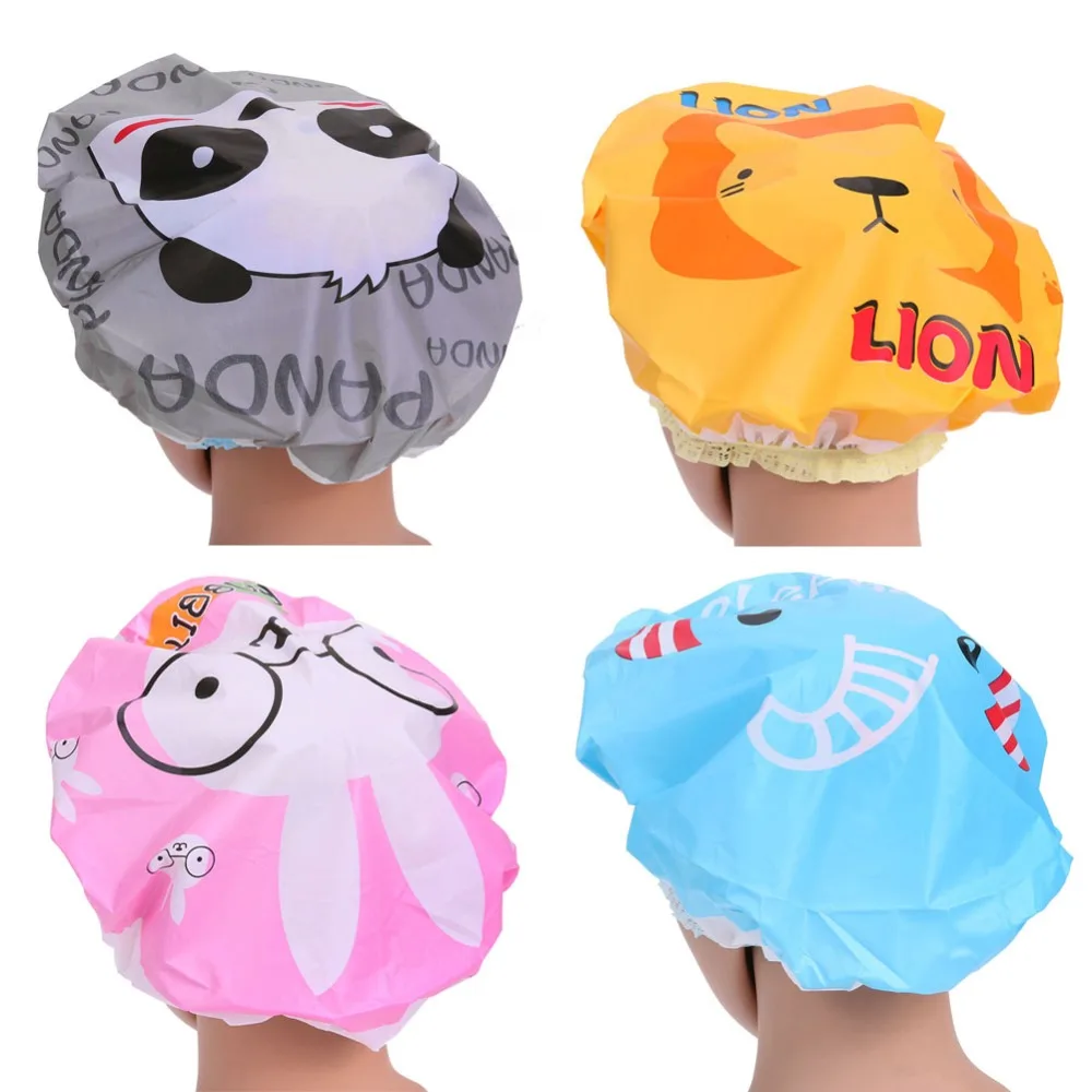 

Cute cartoon shower bath cap women hat for baths and saunas lace elastic band cap spa cap women kids hair protective cap