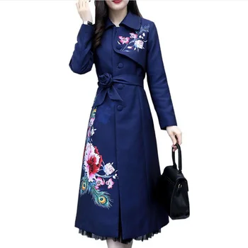 

2020 Spring autumn printed trench coat women slim single breasted ol belted long outercoat plus size