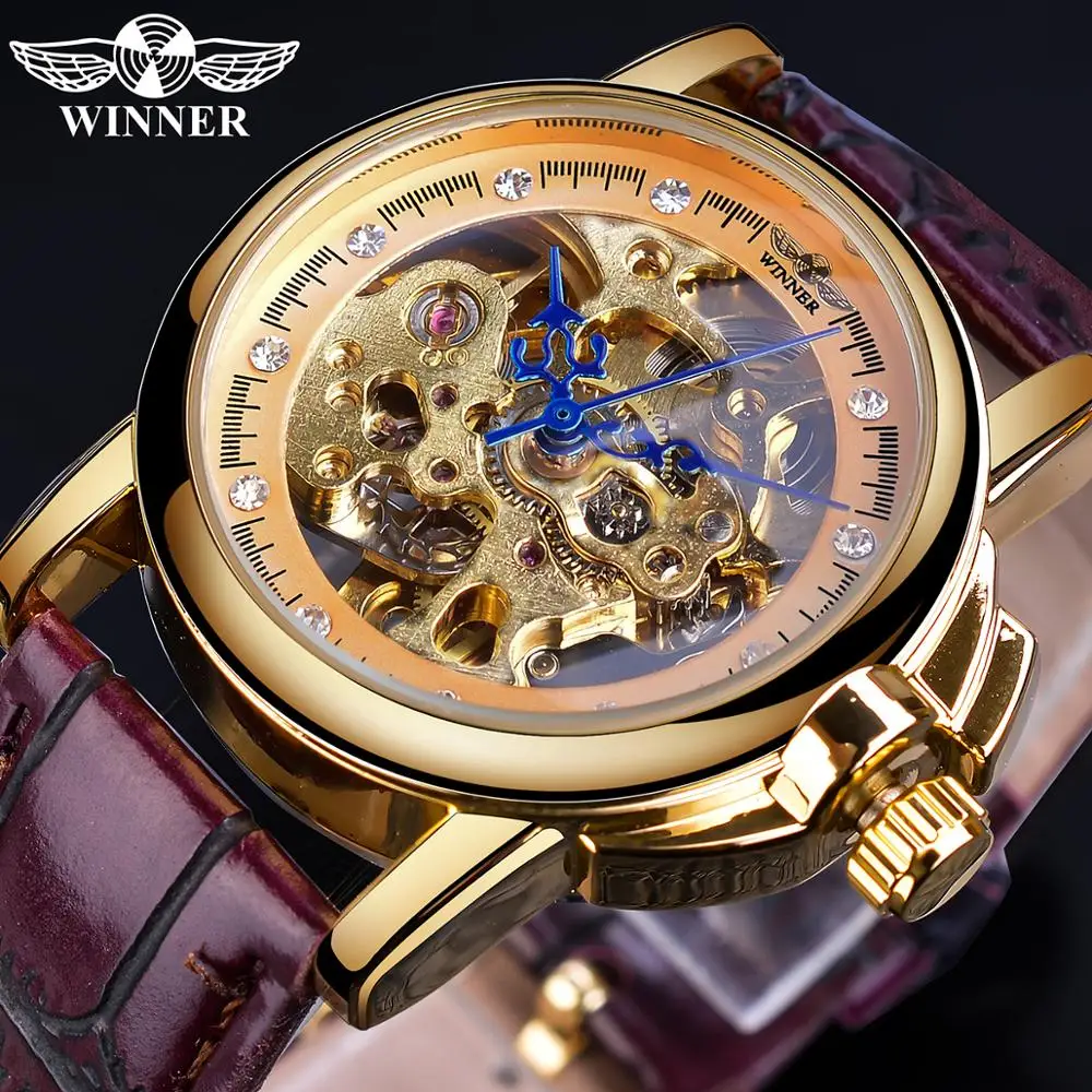 Forsining Classic Retro Design Blue Hands Ladies Fashion Golden Skeleton Diamond Display Mechanical Wrist Watches Gift For Women afbeelding