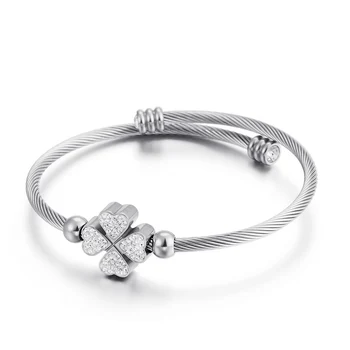 

Stainless Steel Jewelry Women Bangles Bohemia Tri-Color Zircon Heart Four Leaves Cuff Bangles Women Girl Daily Acceessory