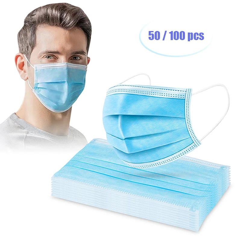 

50/100 Pcs Disposable Facial Protective Cover Masks 3 Layers Dustproof Non-Woven Mask Anti Dust and Haze Earloop Face Mouth Mask