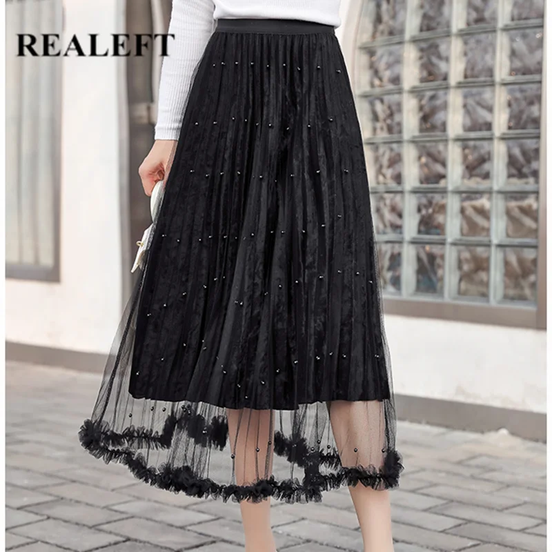 REALEFT, Женские Элегантные Бархатные плиссированные юбки миди с бисером, с высокой талией, Harajuku, тюлевые юбки трапециевидной формы до колена, женские юбки, новинка