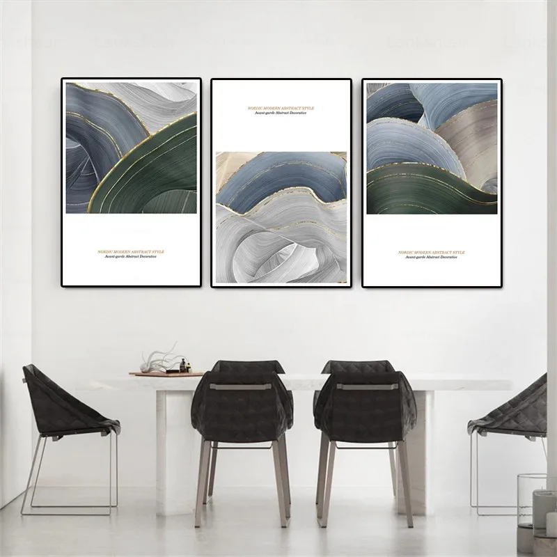 

Canvas Painting Abstract Scandinavian Living Room Decoration Mural Canvas with Golden Gray and Blue Line Texture Unframe