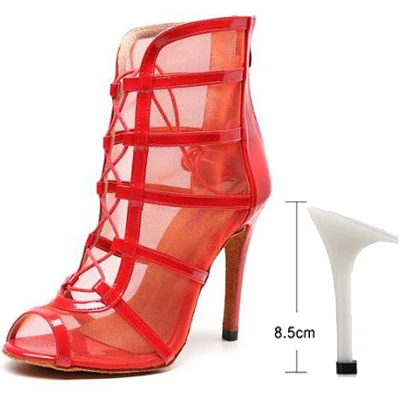 Woman High Top Latin Dance Shoes Red Black Ballroom Dance Boots Women Salsa Tango Dancing Shoes Girls Soft Bottom Party Sandals red-8.5cm