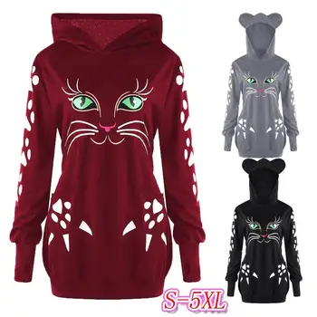 

Gothic Cat Print with Ears Hoodies Autumn Winter Women Cute Pocket Hooded Pullover Female Warm Slim Sweatshirts Plus Size