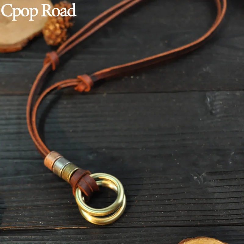 Cpop Vintage100 % ожерелье из натуральной кожи Золотая подвеска в два круга панк