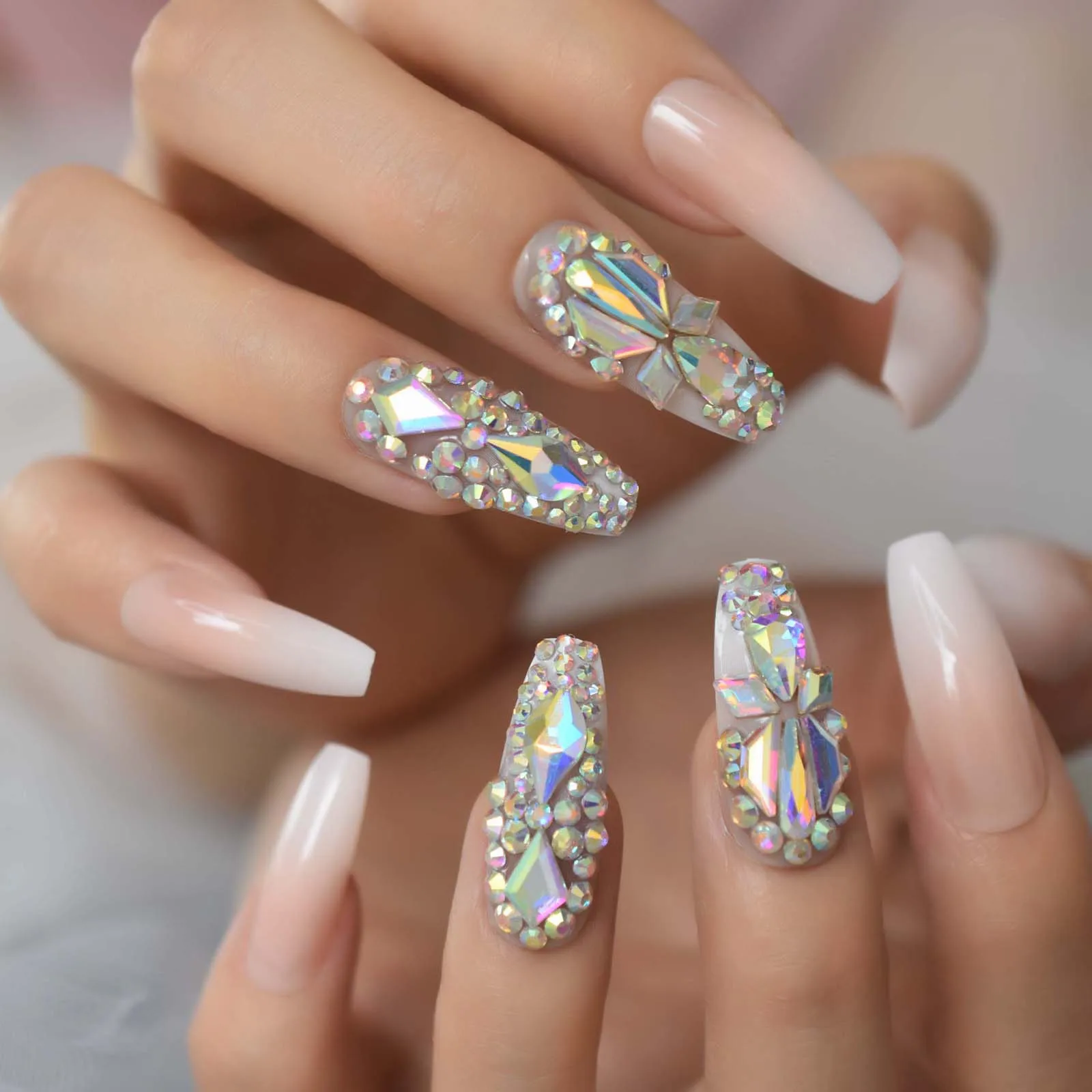 Grace Extra Long False Diamond Rhinestone Nails Fadeing Press On Nails 2021  Coffin Nail Tips Lovely Charms Nail Pre Designed Set - False Nails -  AliExpress