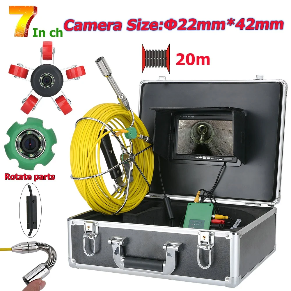 

7 inch 22mm Pipe Inspection Video Camera 20M IP68 Drain Pipe Sewer Inspection Camera System 1000 TVL Camera with 6W LED Lights